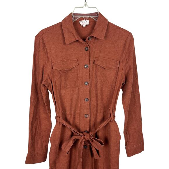 Anthropologie Six Crisp Days Rust 3/4 Sleeve Button Down Belted Linen Jumpsuit S - Picture 3 of 5
